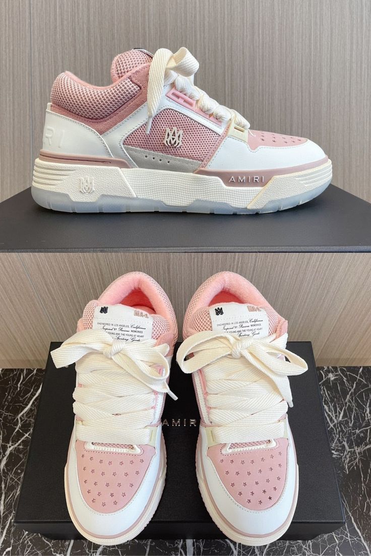 Get a harmonious blend of elegance and playfulness with these White and Pink Amiri Sneakers. These designer sneakers feature a sleek white base accented with vibrant pink hues, exuding a fresh and youthful vibe. Elevate your designer footwear collection with the distinctive flair of the White and Pink Amiri Sneakers. Pink Amiri Sneakers, Amiri Shoes, Amiri Sneakers, Trendy Shoes Sneakers, Designer Footwear, Louis Vuitton Pink, Pink Chanel, Vacation Outfit, Pink Sneakers