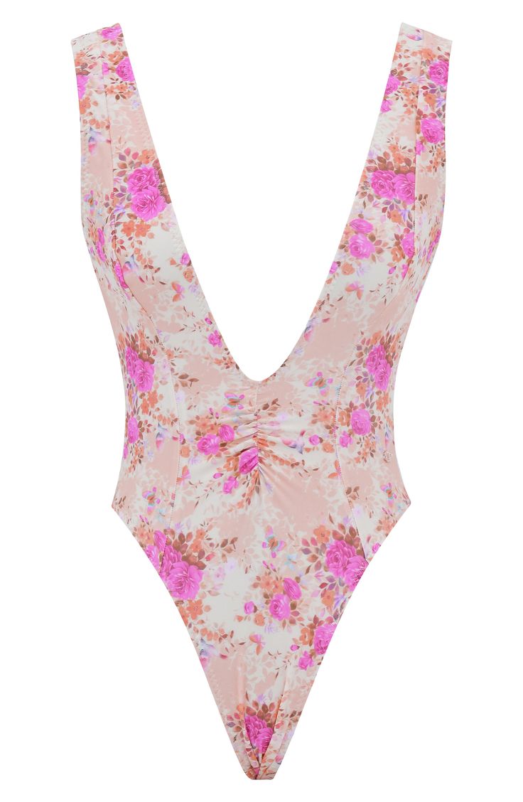 This plunging one-piece is made for soaking up the sun in comfort and topped with wide straps for extra support. Exclusive retailer Plunge neck Cheeky back coverage Lined 82% polyamide, 18% elastane Hand wash, line dry Imported Summer Sleeveless Beachwear Bodysuit, Pink V-neck One Piece Beachwear, Sleeveless Summer One Piece With Lined Body, Sleeveless Summer One-piece With Lined Body, V-neck One Piece For Sunbathing In Summer, Beachy One-piece Bodysuit For Spring, Spring Beach One-piece Bodysuit, Spring Beachy One-piece Bodysuit, Summer Bodysuit With Triangle Top And Lined Body