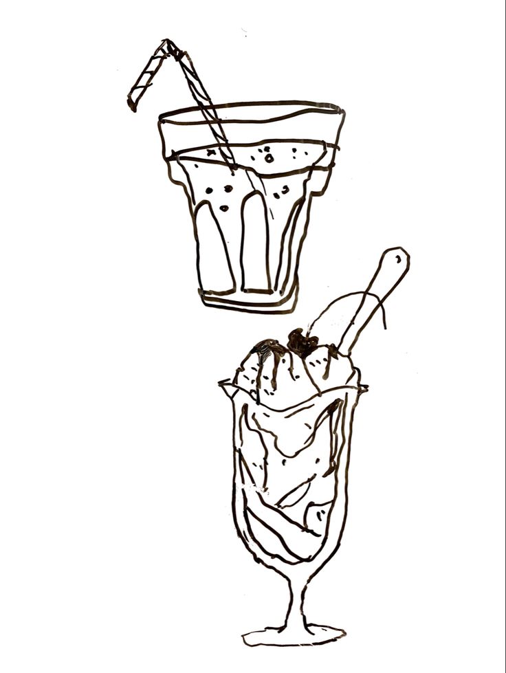 a drawing of an ice cream sundae in a tall glass with a straw sticking out of it