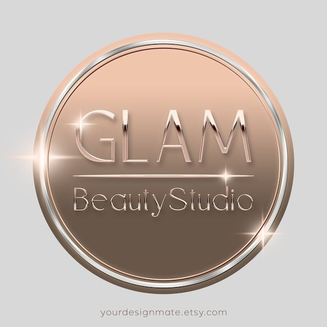 the glam beauty studio logo is shown in gold, silver and pink colors with sparkles around it