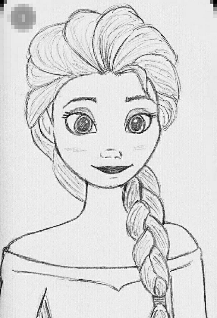 a drawing of a girl with long hair and braids on her head, wearing a dress