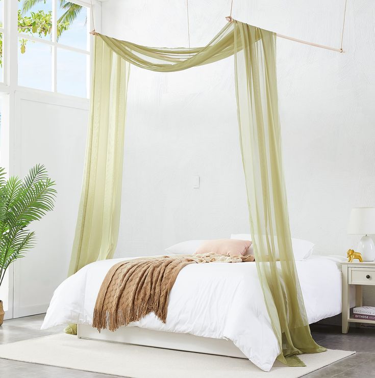 a bed with a canopy over it in a white room next to a potted plant