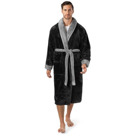 Pavilia Premium Mens Fluffy Soft Sherpa Fleece Robe Bathrobe Classic yet modern and designed to be used as a comfortable bathrobe and night robe in your home. Fuzzy faux fur sherpa fleece material Constructed with 280 GSM (460 GSM for sherpa) of high-quality microfiber polyester that is soft to touch, easy to care for, and lightweight at the same time. Available in many colors and styles to keep you warm, cozy, and stylish around your home! Size: Large-X-Large.  Color: Black.  Gender: male.  Age Fleece Robe, Bathrobe Men, Soft Robes, One Piece Clothing, Hospital Gown, Spa Bath, One Piece Pajamas, Sherpa Fleece, Shawl Collar