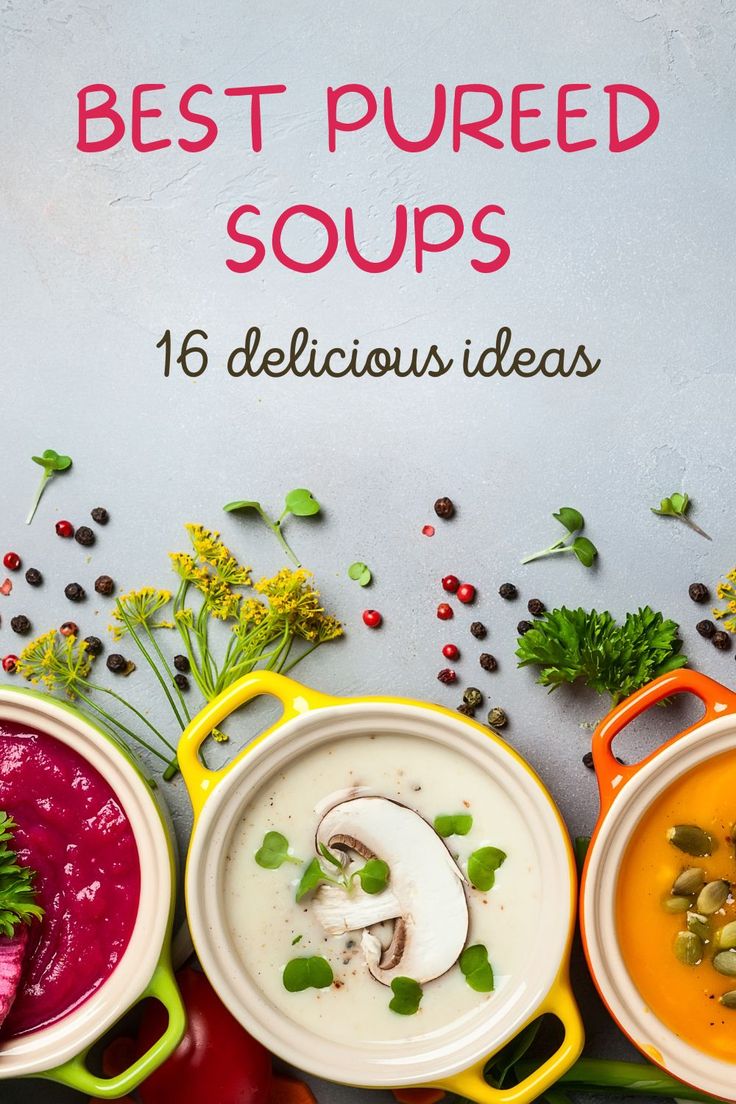 four bowls filled with soups on top of a table next to vegetables and herbs