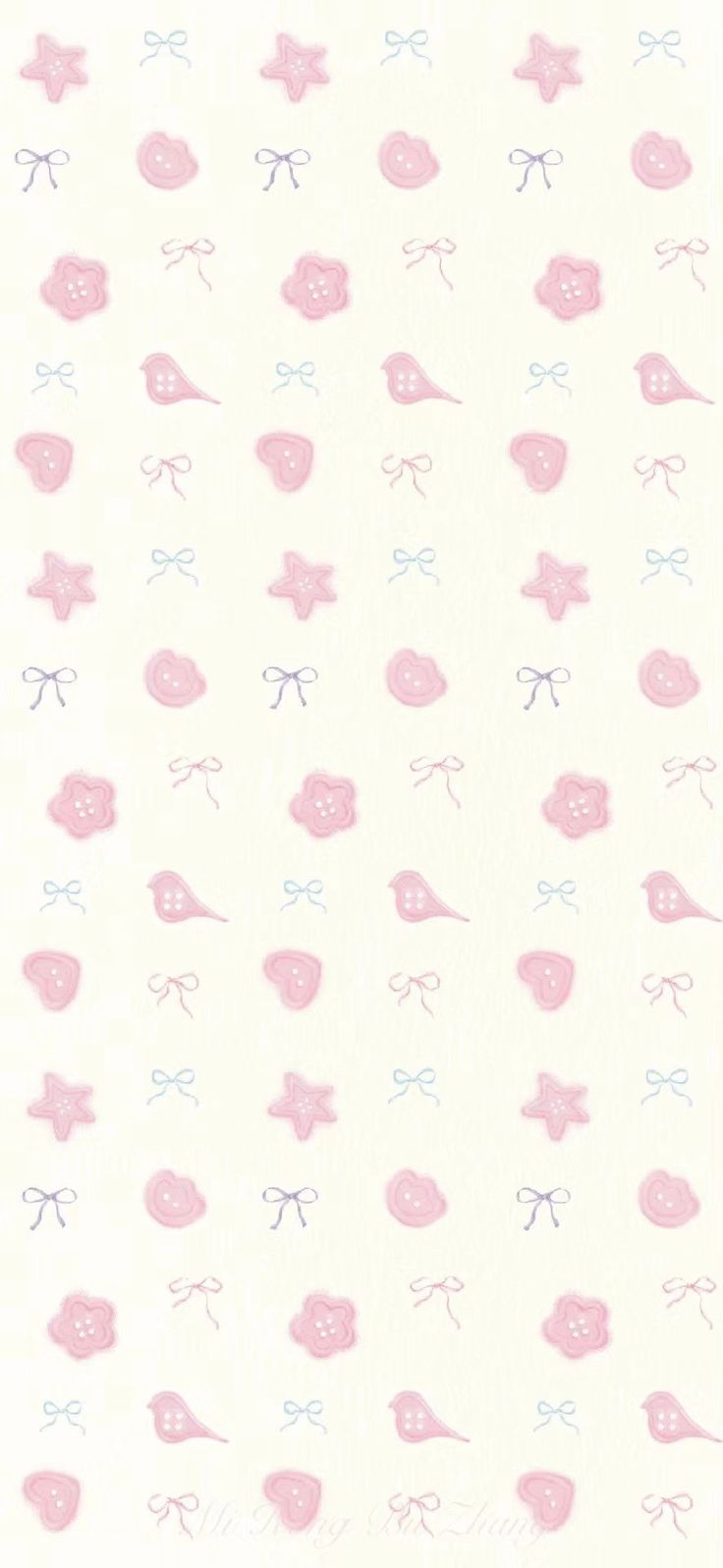 a pink and blue wallpaper with small bows on the top, and smaller bows on the bottom