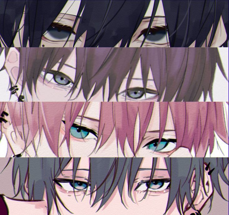 four different anime characters with blue eyes and pink hair, one is staring at the camera