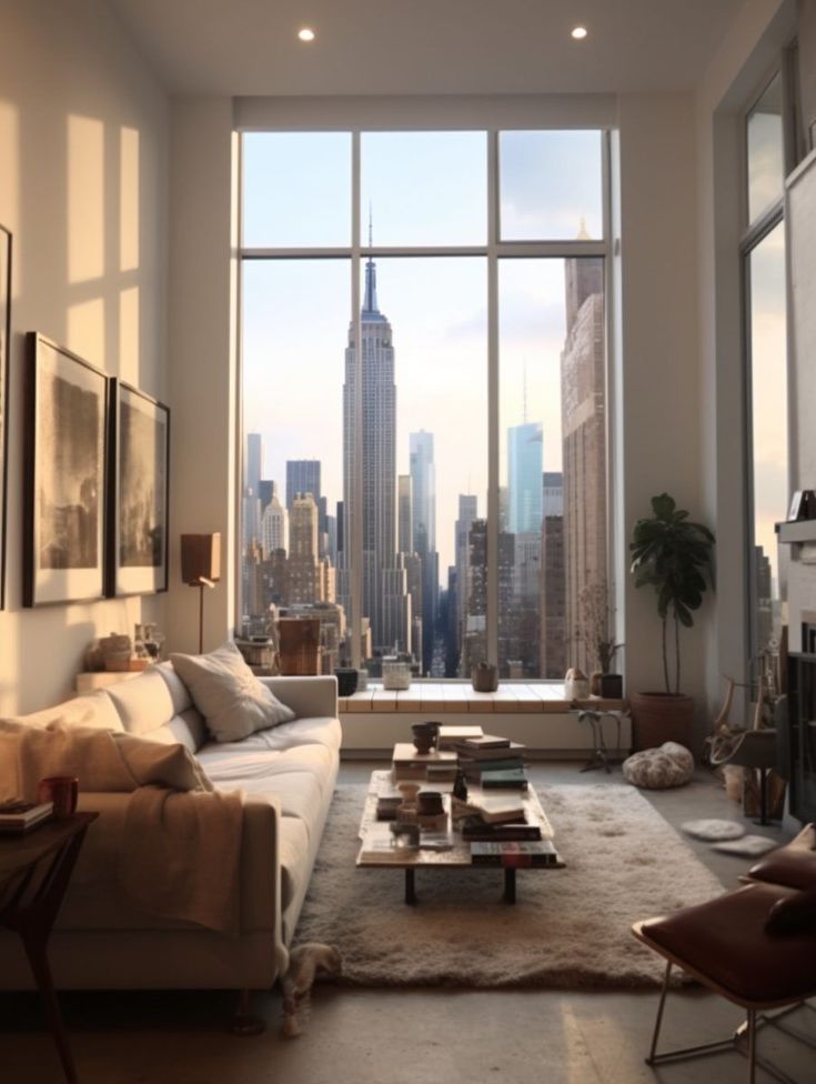 a living room filled with lots of furniture and tall buildings in the backround