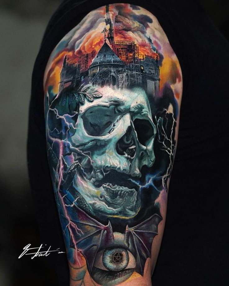 a man's half sleeve with a skull and castle on top of his head