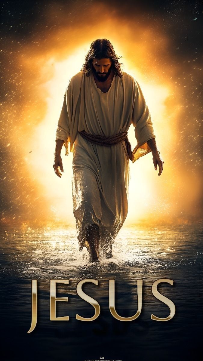 jesus is walking through the water with his hands in his pockets as he walks towards the sun