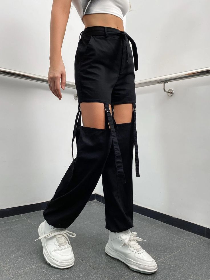 Make a statement with these Long Knot Cargo Pants, perfect for a bold and edgy look. These jogger-style pants feature a unique combination of belt, button, cut-out, pocket, ring, and zipper details. The high-waisted design and non-stretch fabric create a flattering and comfortable fit, while the composition of viscose, polyester, and spandex ensures durability. Details: Pattern Type: Plain Type: Jogger Closure Type: Zipper Fly Details: Belted, Button, Cut Out, Pocket, Ring, Zipper Waist Line: Hi Casual High-waisted Bottoms With Belt Detail, Casual Belted High-waisted Pants, Casual High-waisted Pants With Belt Detail, Trendy Fitted Bottoms With Belt Detail, Trendy Pants With Cargo Pockets For Night Out, Trendy Cargo Pocket Pants For Night Out, Trendy Spring Bottoms With Belt Detail, Trendy Pants For Night Out With Belt Loops, Trendy Pants With Belt Loops For Night Out