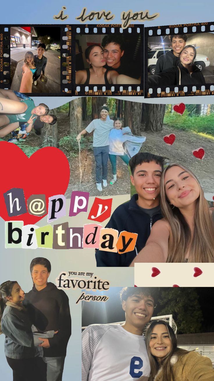 a collage of photos with the words happy birthday written on them, and two people holding each other