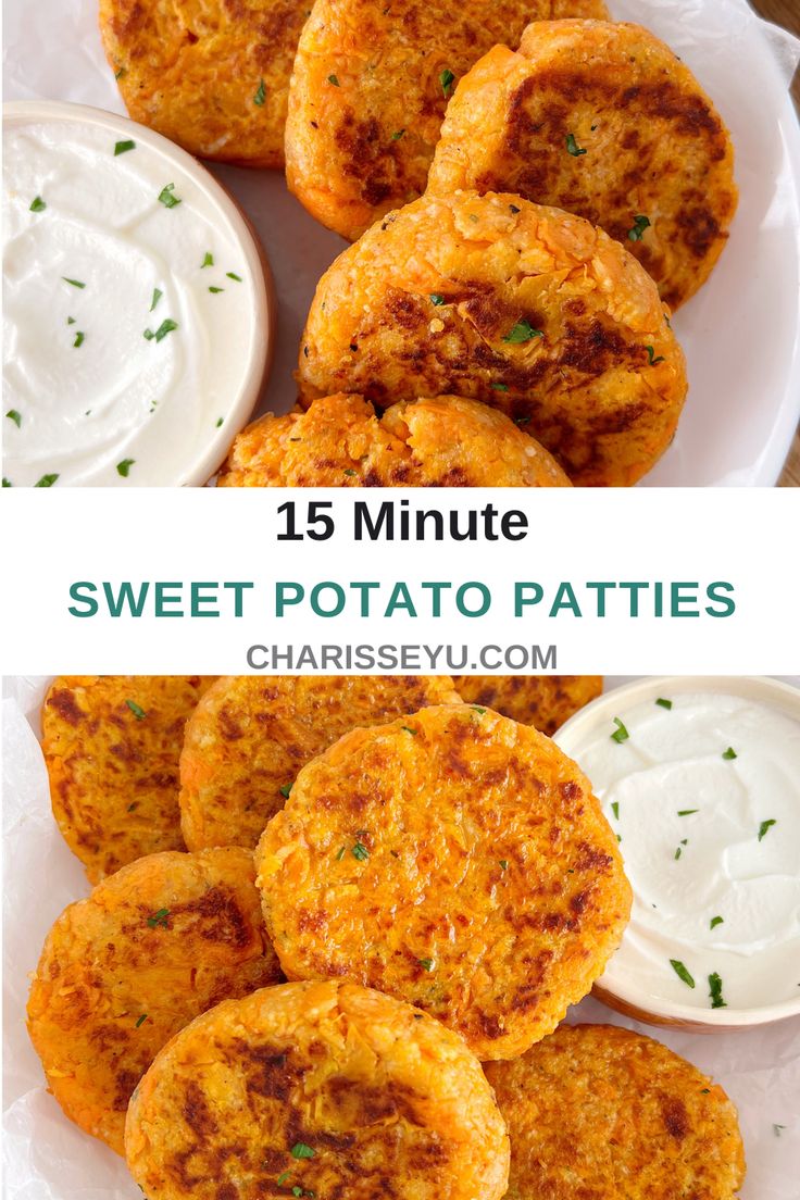 sweet potato patties with ranch dip and sour cream on the side, served in white plates