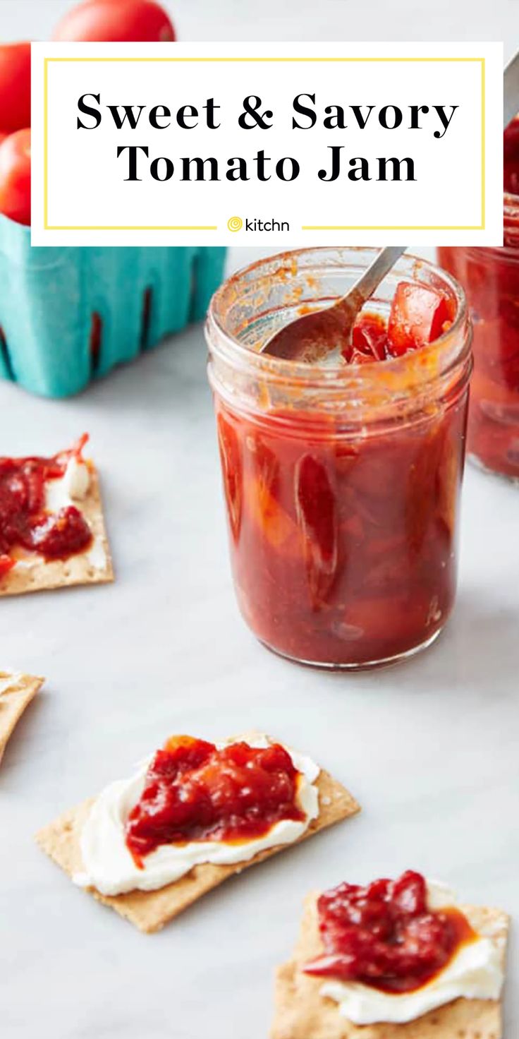 sweet and savory tomato jam in a jar with crackers on the side