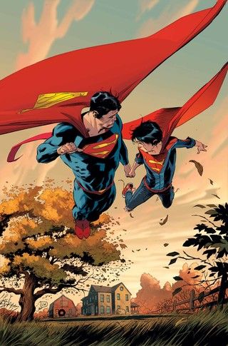 superman and lois flying through the air with their capes over their heads, in front of