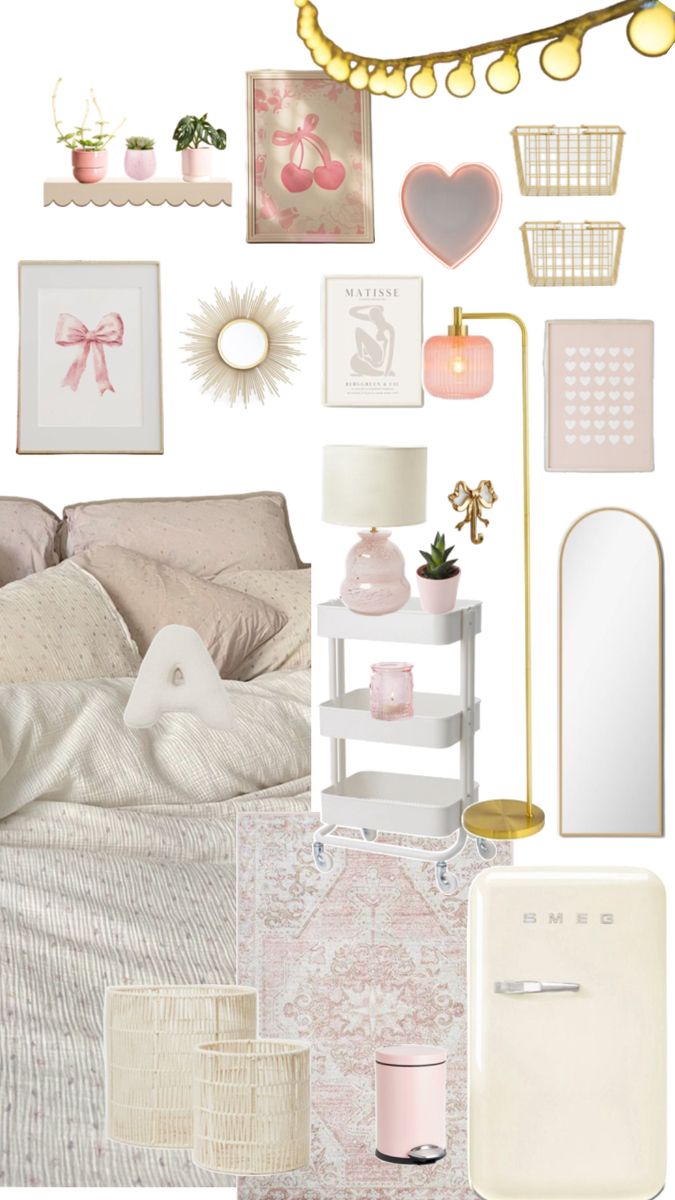 a collage of pink and gold decor with white bedding, wall hangings