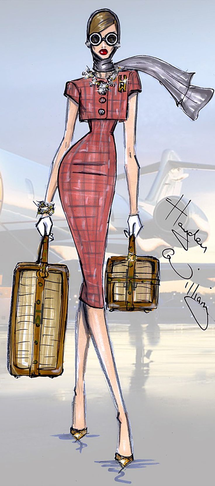 a drawing of a woman in a red dress with suitcases and a scarf around her neck