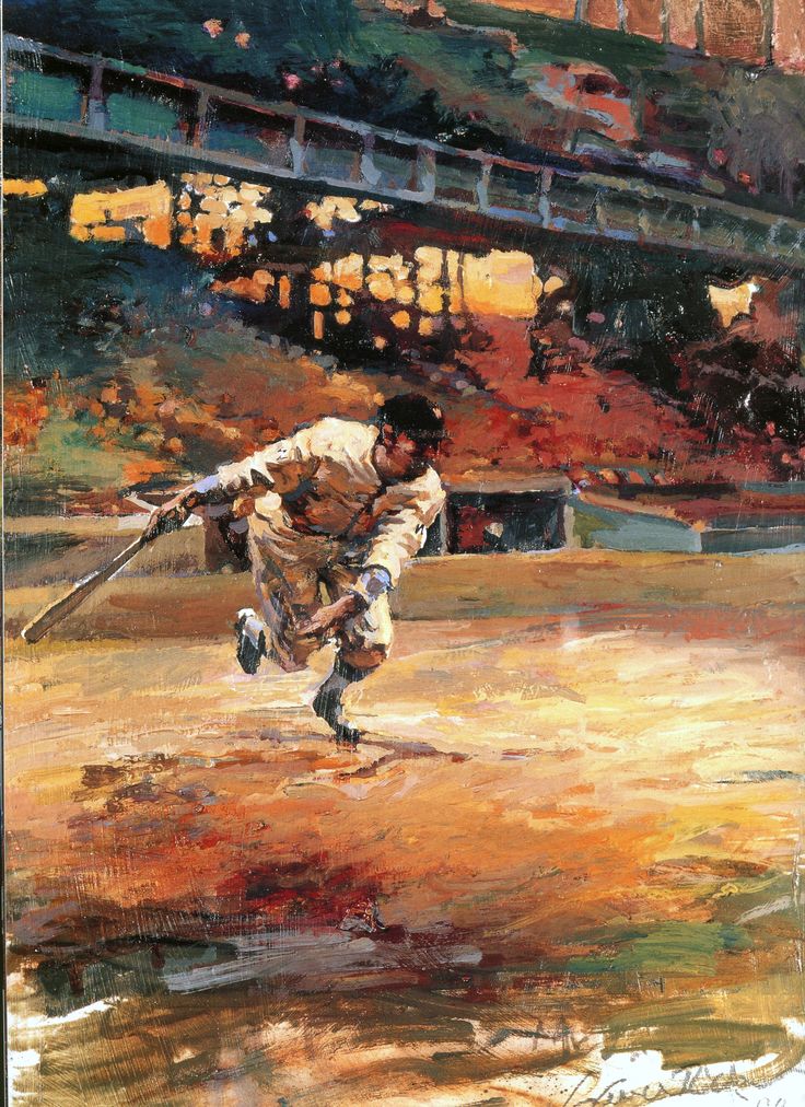 a painting of a baseball player running with a bat