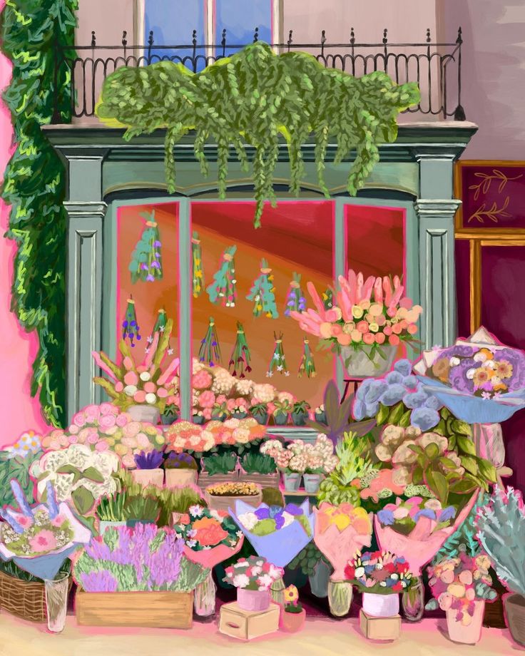 a painting of flowers and plants in front of a store window with an awning