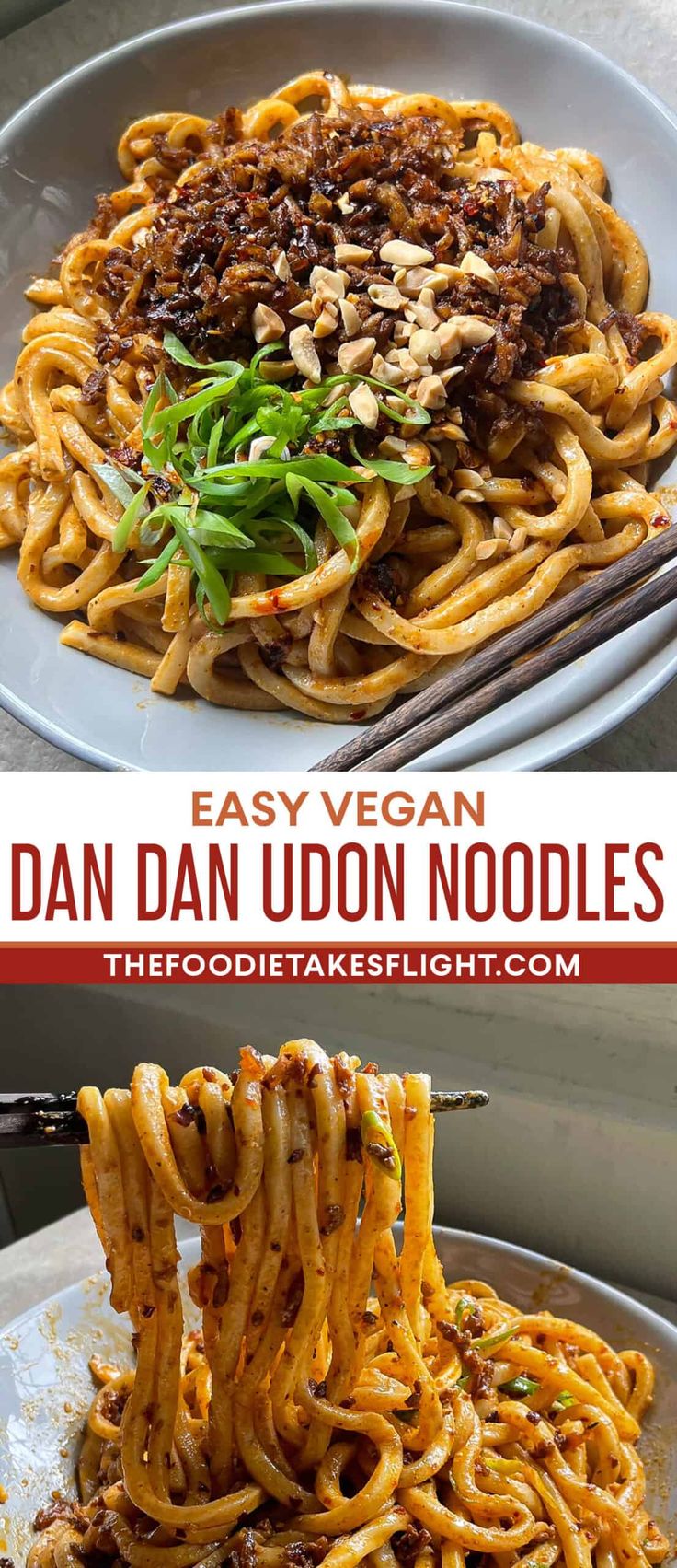 an image of a plate of food with noodles and sauce on it that says easy vegan dan dan udd noodles