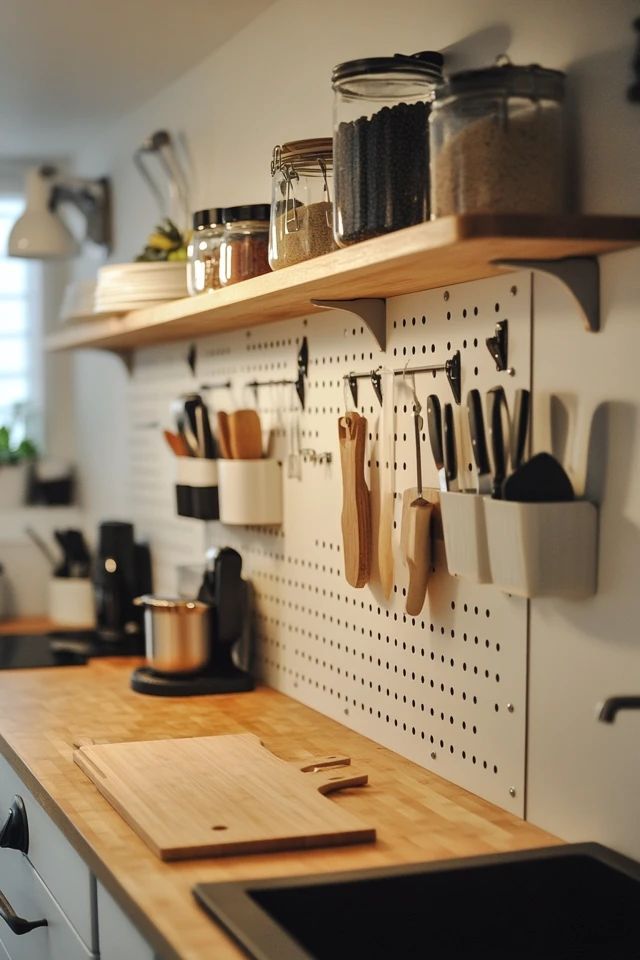 a kitchen with wooden counter tops and hanging utensils on the pegboard wall