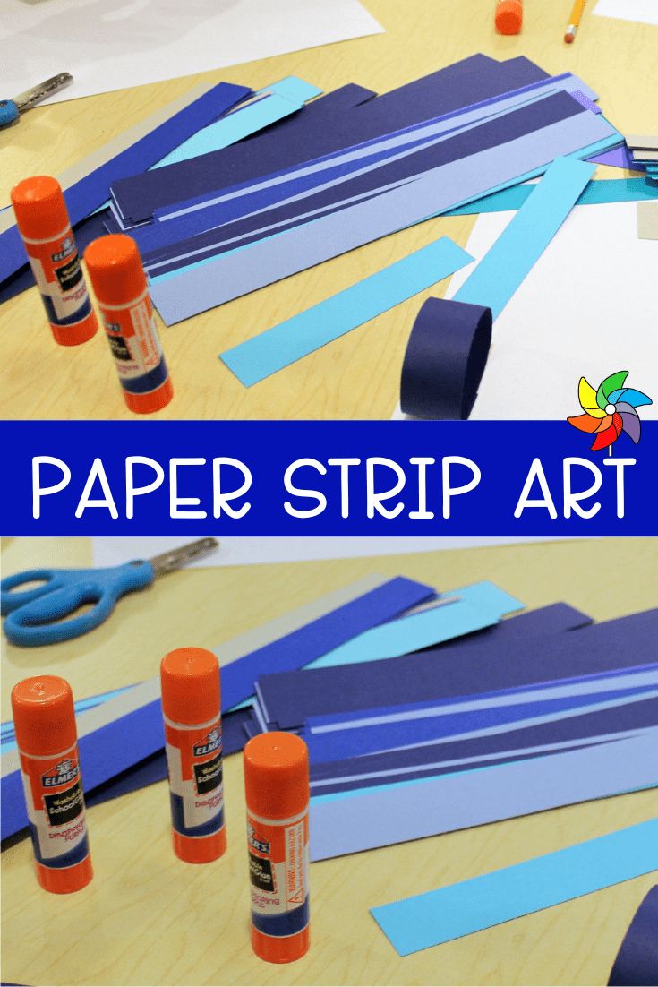 the paper strip art project is being made with scissors, glue and other crafting supplies