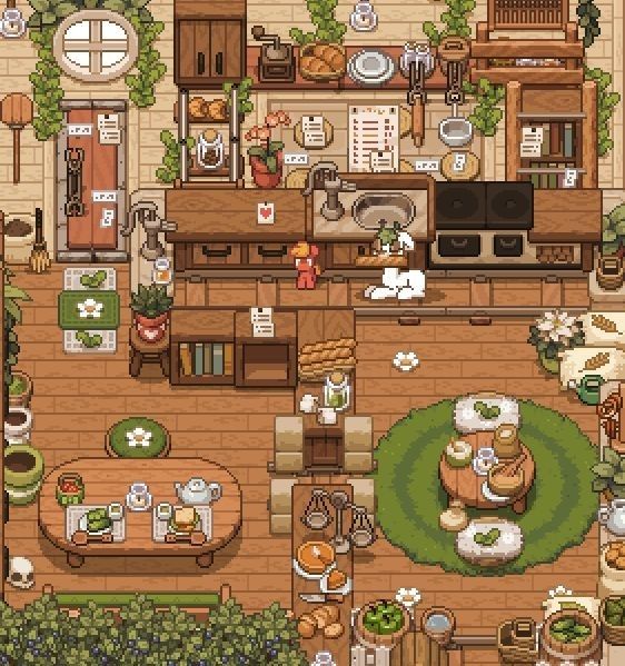 an overhead view of a living room and kitchen area in a house from the game animal crossing