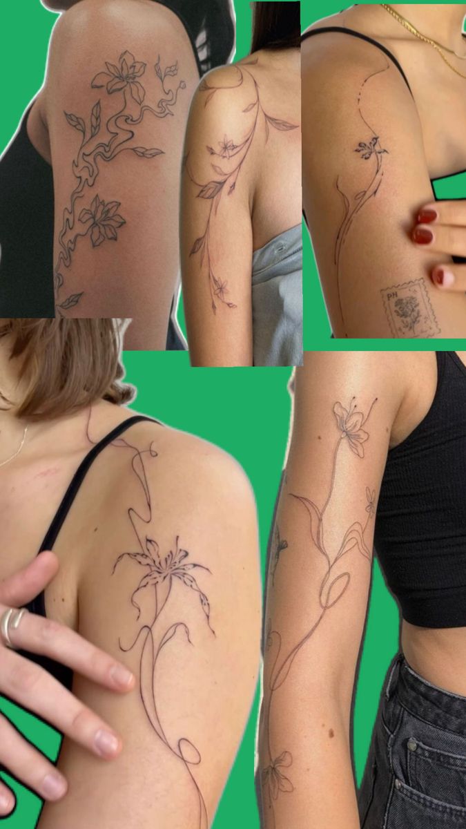 four pictures of different tattoos on the back of women's bodies and hands,