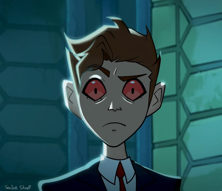 an animated image of a man with red eyes in a suit and tie looking at the camera