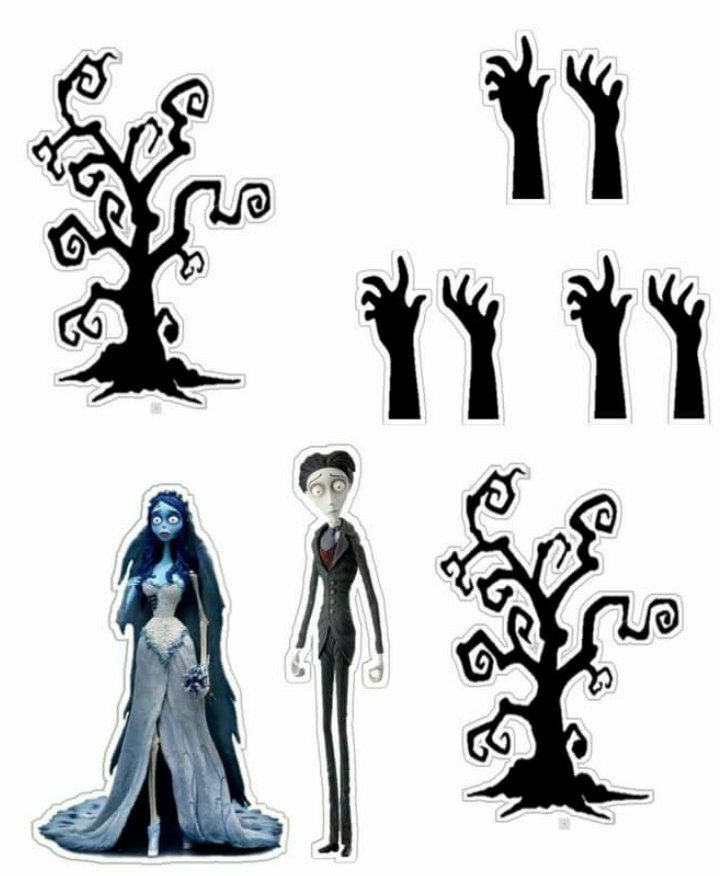 the corpse bride and groom paper cut outs are shown in various sizes, shapes, and colors