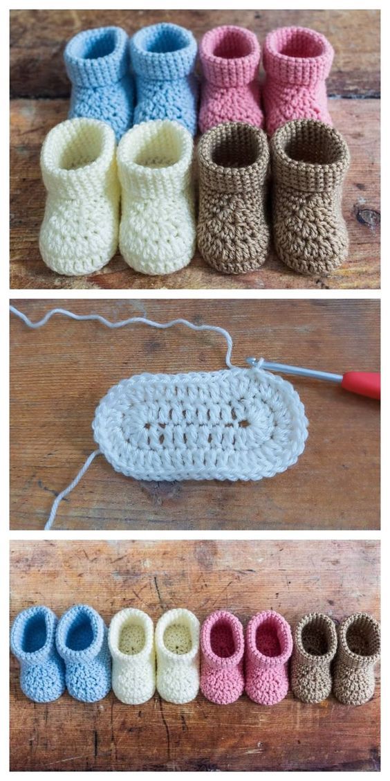 crocheted baby booties are lined up next to each other