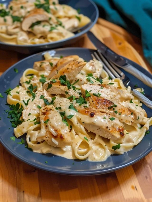 two plates of pasta with chicken and parsley