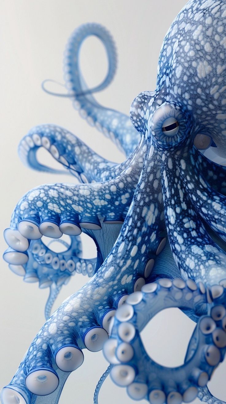 an octopus sculpture is shown in blue and white