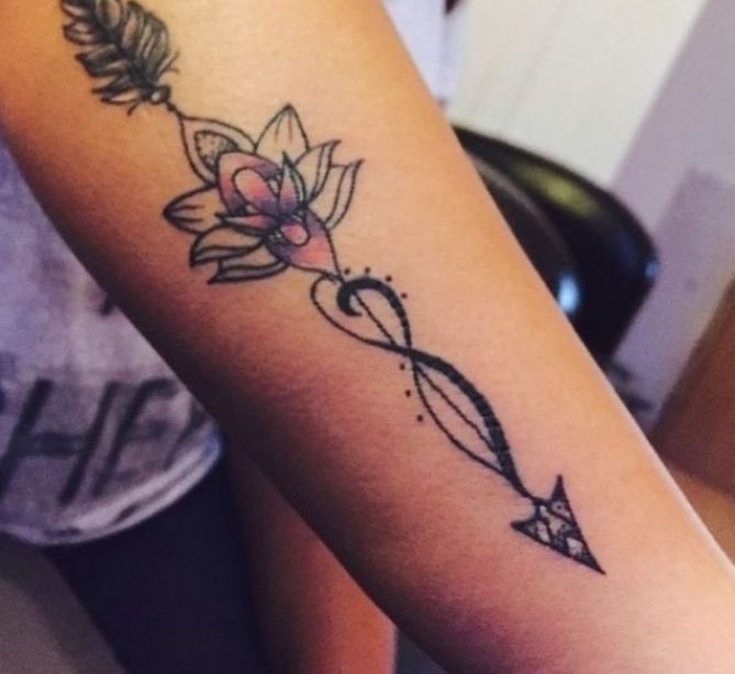 a woman's arm with a tattoo on it that has an arrow and flowers