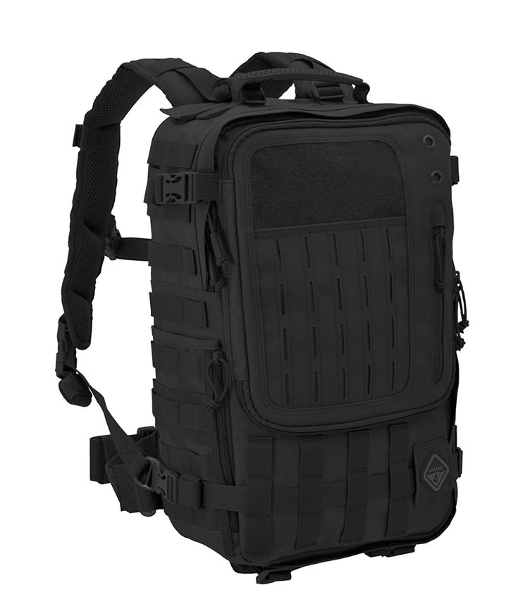 the back pack is black and has straps on each side, as well as an external pocket