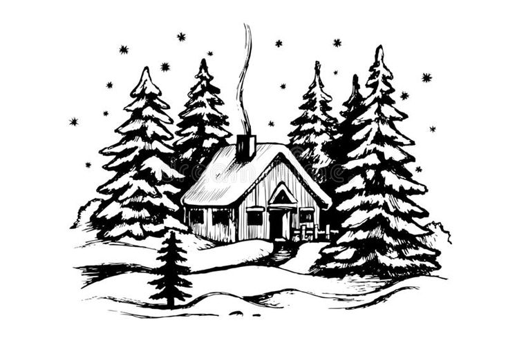 a house in the woods with trees and snowflakes on it's roof