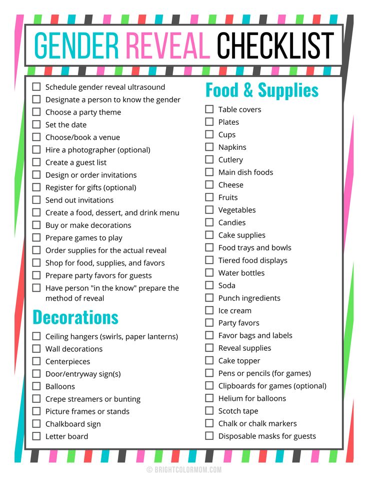 gender reveal checklist with long list of items for planning the party, including steps for planning the vent, decorations to get, and other food and supplies needed Gender Reveal Checklist, Foto Gender Reveal, Checklist Ideas, Gender Reveal Party Food, Gender Reveal Diy, Simple Gender Reveal, Creative Gender Reveals, Reveal Party Games, Gender Reveal Baby Shower Themes