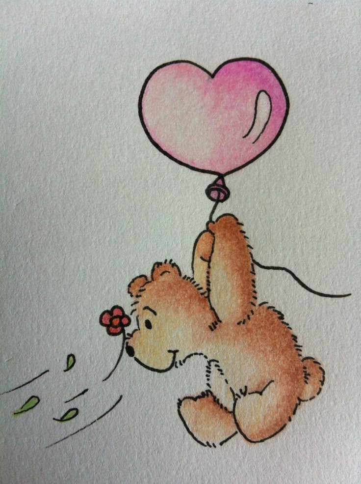 a drawing of a teddy bear holding a heart shaped balloon in the air with its paws