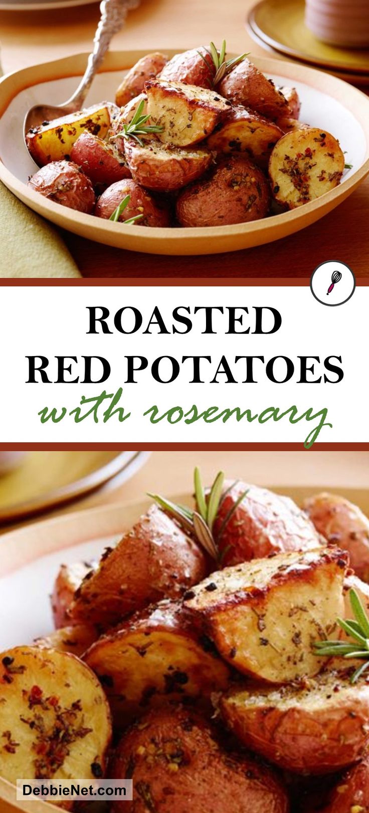 roasted red potatoes with rosemary served on a white plate in front of the recipe title reads roasted red potatoes with rosemary