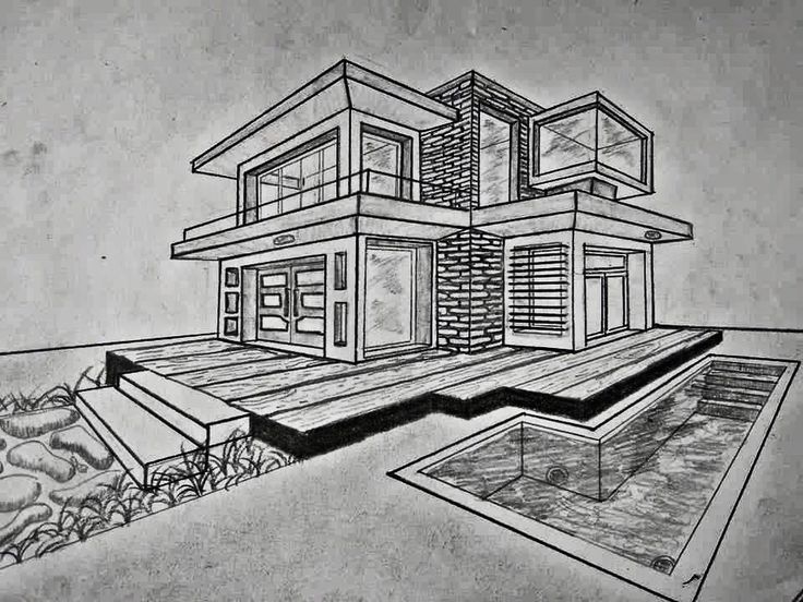 a drawing of a house on top of a hill next to a body of water