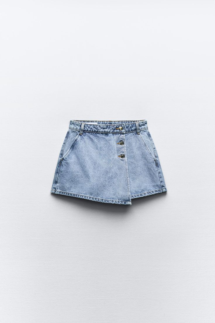 Z1975 WRAP DENIM SKORT Chic Denim Skort With Pockets, Summer Denim Skort With Belt Loops, Denim Skort With Belt Loops In Short Length, Denim Skort With Belt Loops, Denim Skort With Belt Loops Short Length, High Waist Denim Skort With Belt Loops, Trendy High-waisted Skort With Pockets, Zara High Waist Denim Skirt With Pockets, Zara High-waist Denim Skirt With Pockets