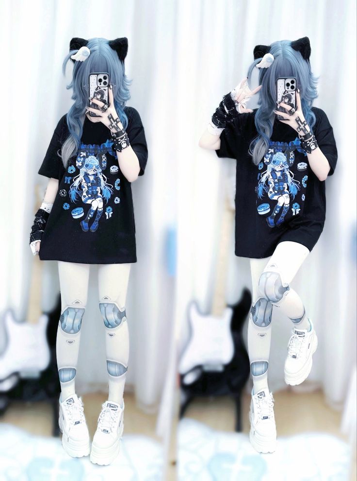 ❤︎Mine Dark Girl Long T❤︎ Blue T-shirt With Character Print For Spring, Trendy Blue T-shirt With Character Print, Blue Cotton Anime Print Top, Blue Cotton Top With Anime Print, Blue Harajuku Top For Streetwear, Harajuku Style Graphic Print Tops, Harajuku Style Blue Tops For Streetwear, Blue Harajuku Cotton Tops, Casual Blue T-shirt With Anime Print