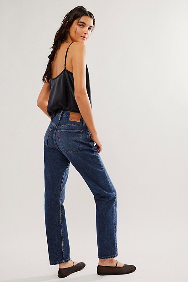 Super cool distressed jeans from Levi's featured in a mid-rise, straight leg silhouette. * Five-pocket style * Button-front closure * Soft rigid denim fabrication | Levi's 501 Straight Jeans at Free People in Dark Wash, Size: 28 Casual Dark Jeans Outfit, Dark Blue Levis Jeans Outfit, Dark Wash Straight Leg Jeans, Mid Rise Straight Jeans Outfit, Jean Levi’s 501 Outfit, Levis Straight Leg Jeans Outfit, Levi 501 Jeans Women Outfit, Best Levis Jeans For Women, Levi Outfits