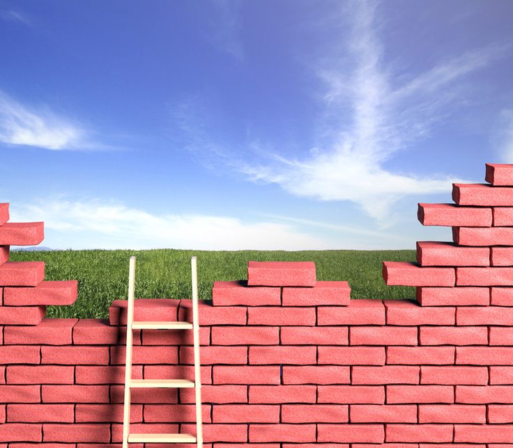 a ladder leaning against a brick wall with grass and blue sky in the back ground