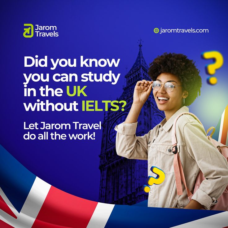 a woman with glasses and backpack standing in front of the big ben clock tower, which reads did you know you can study in the uk without ielts?