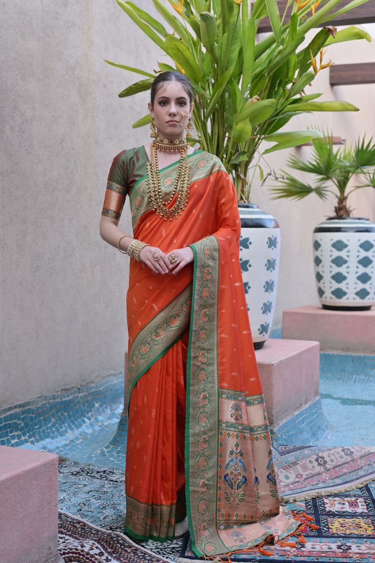 Saree Fabric : Banarasi Silk Saree Color : Red Fox Saree Length : 5.5 Meter Blouse Length : 0.8 Meter Saree Work : Zari Woven Work All Over with Zari Border Wash : Dry Clean Product color may little differ as per the brightness or color settings of your device Red Paithani Silk Pre-draped Saree For Puja, Elegant Red Paithani Silk Pre-draped Saree, Red Paithani Silk Pre-draped Saree With Unstitched Blouse, Festive Orange Banarasi Silk Pre-draped Saree, Luxury Orange Banarasi Silk Pre-draped Saree, Purple Weave, Light Sea Green, Cerise Pink, Saree Dress