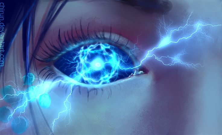 a woman's eye with blue lightning coming out of the iris and surrounding it