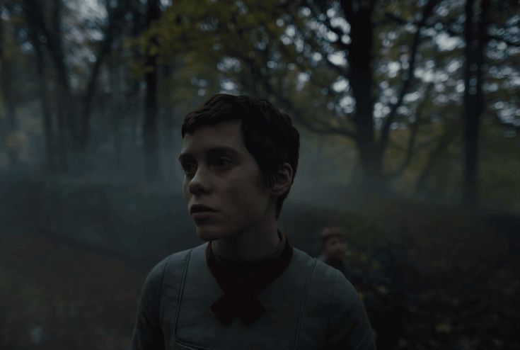 a man standing in the woods with trees and fog behind him, looking at something