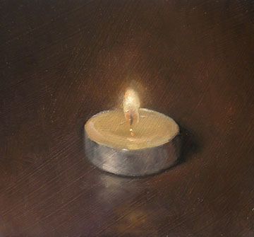 a painting of a lit candle on a brown table with dark wood grained surface