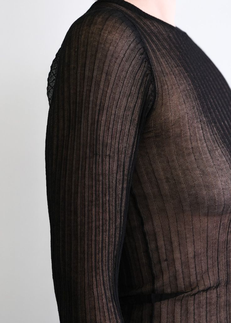 The Beso–a long sleeve sheer, ribbed top. Very stretchy. Please note that this garment is very delicate. Please handle and wear with care. Sheer Ribbed Top, Sweater Knit Skirt, Swim Brands, Cat Pajamas, Ribbed Top, Black Xs, Knit Skirt, Knit Jacket, Stretchy Fabric