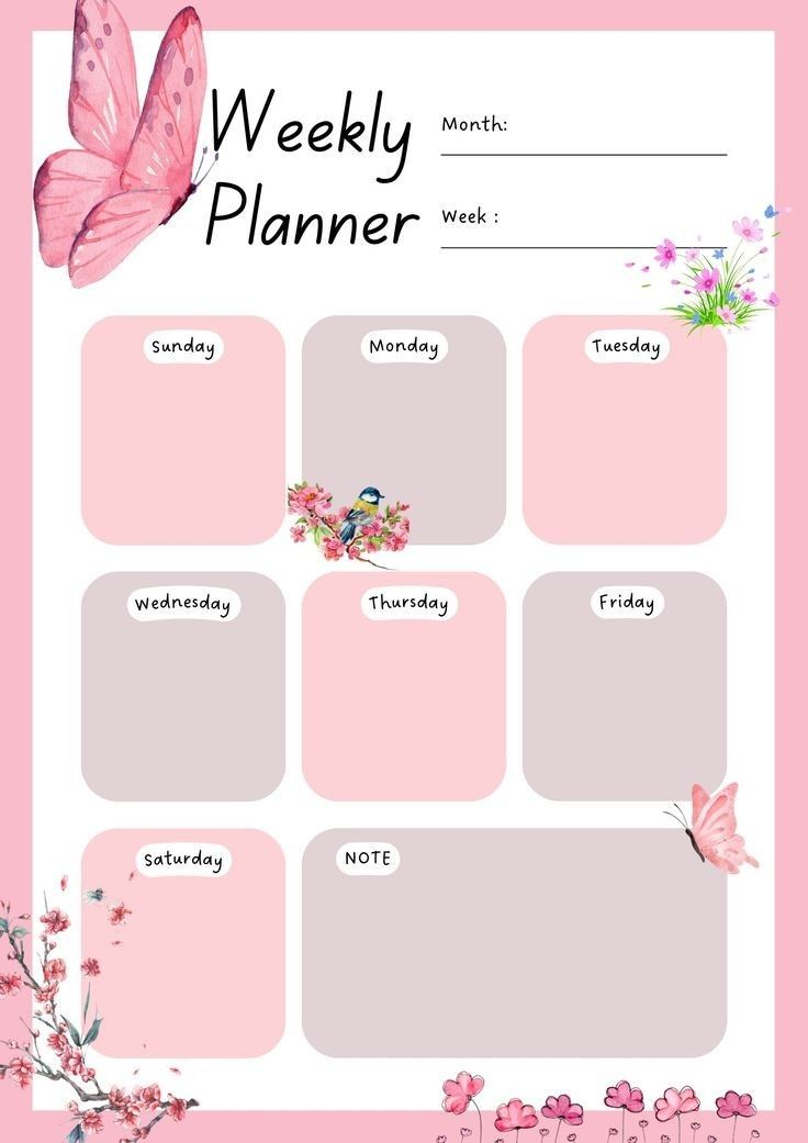 a pink weekly planner with butterflies and flowers